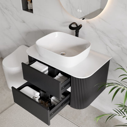 Black Fluted Bathroom Vanity Set 31.5" Floating Bathroom Vanity with Vessel Sink