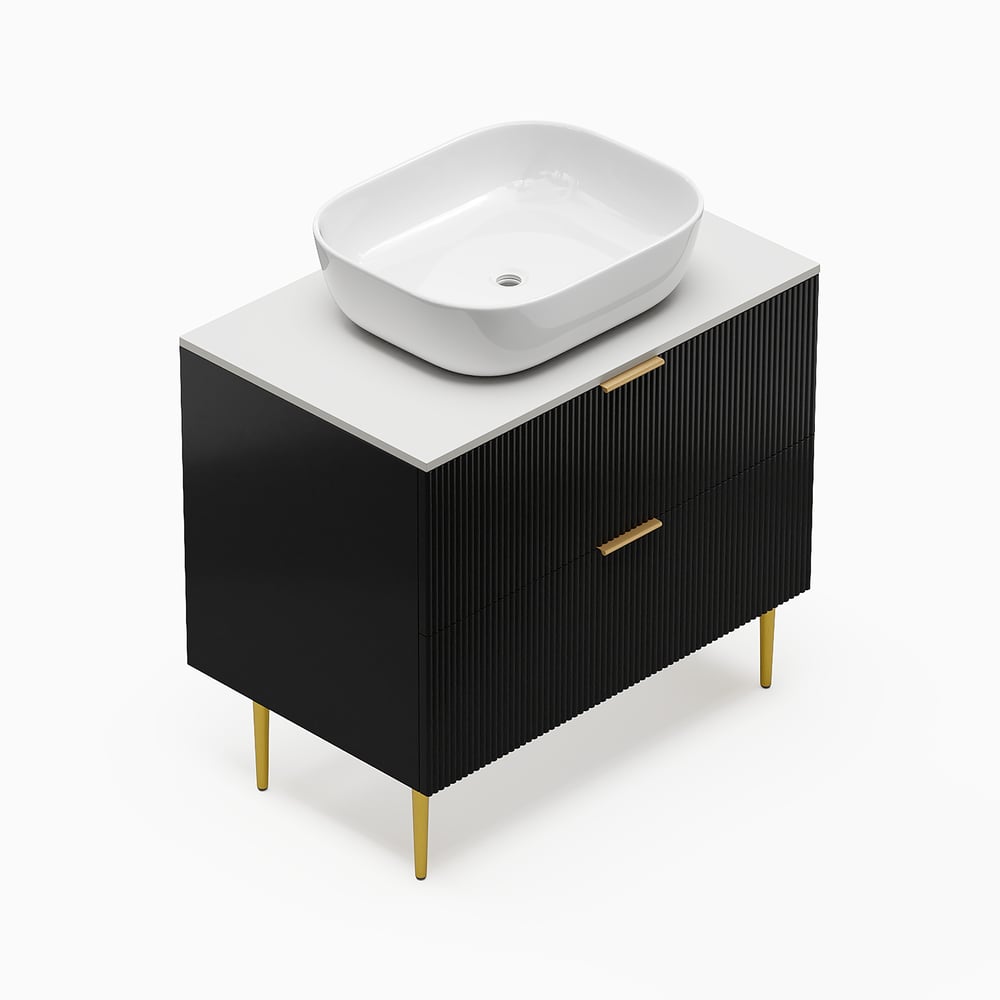 31.5'' Black Single Fluted Bathroom Vanity with Vessel Sink and 2 Drawers