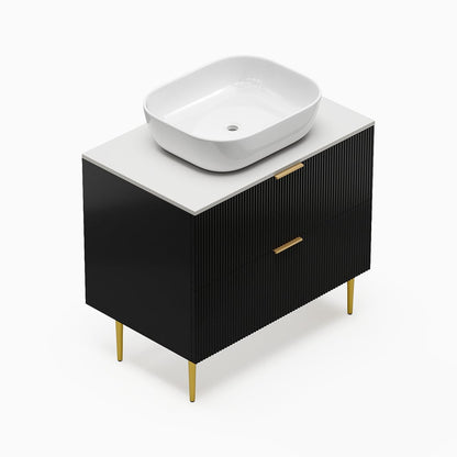 31.5'' Black Single Fluted Bathroom Vanity with Vessel Sink and 2 Drawers