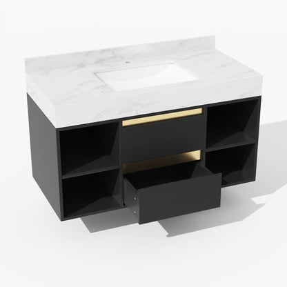 Modern 39.4" Floating Single Bathroom Vanity with Sink in Black, Sintered Stone Top