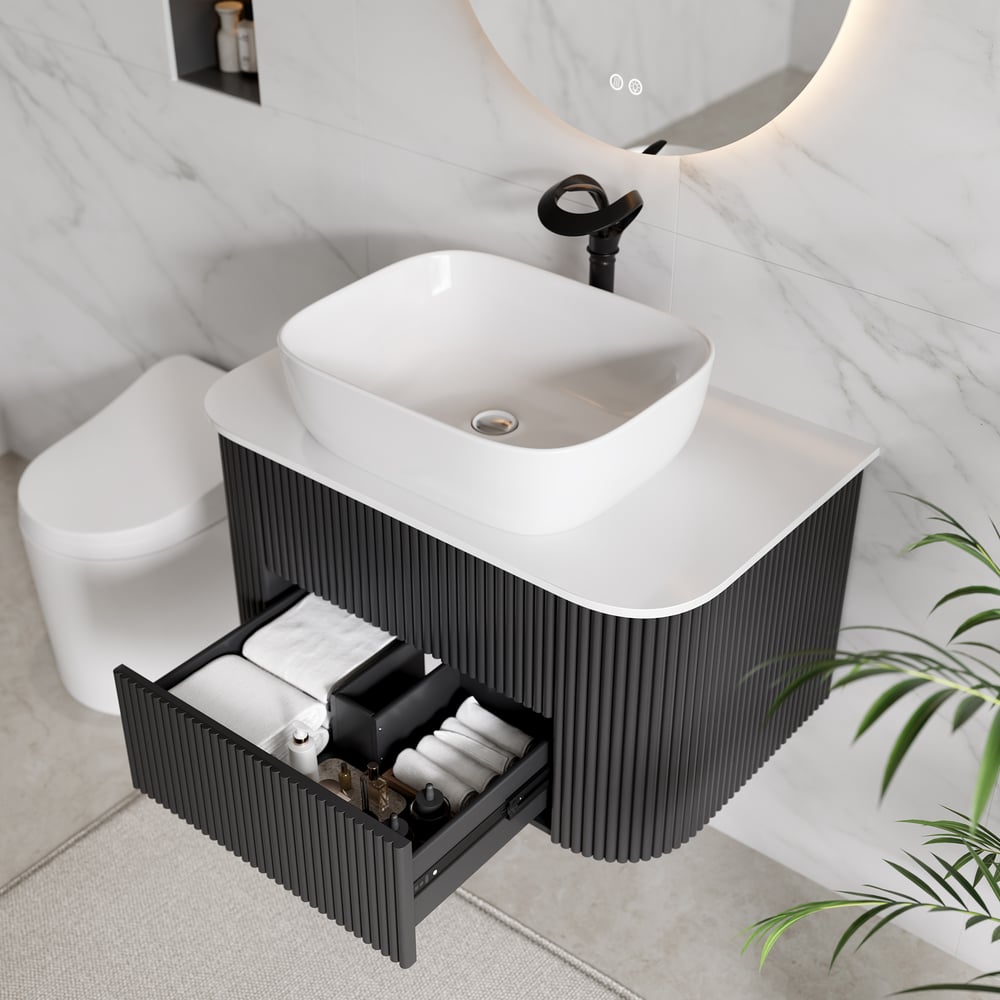Black Fluted Bathroom Vanity Set 31.5" Floating Bathroom Vanity with Vessel Sink