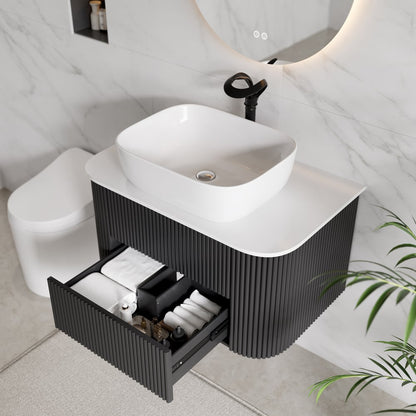 Black Fluted Bathroom Vanity Set 31.5" Floating Bathroom Vanity with Vessel Sink