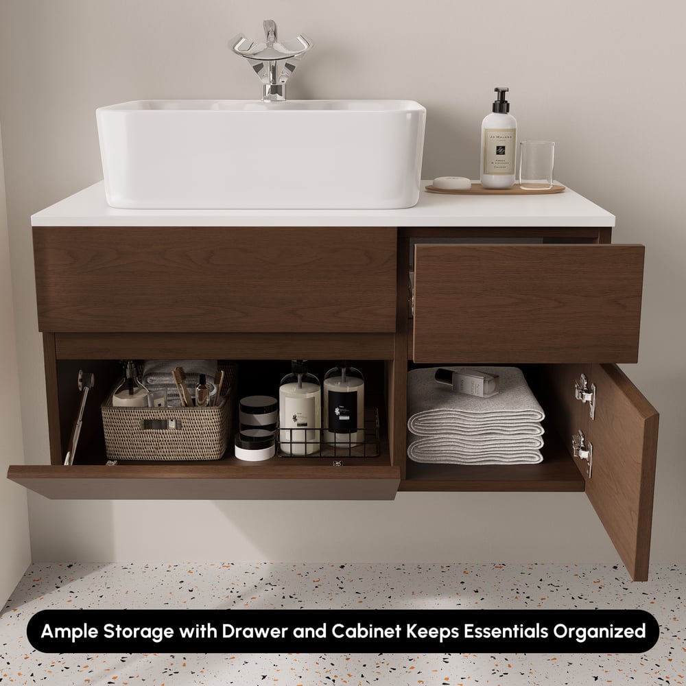 Modern 31.5" Floating Single Bathroom Vanity with Stone Resin Top, Ceramic Basin