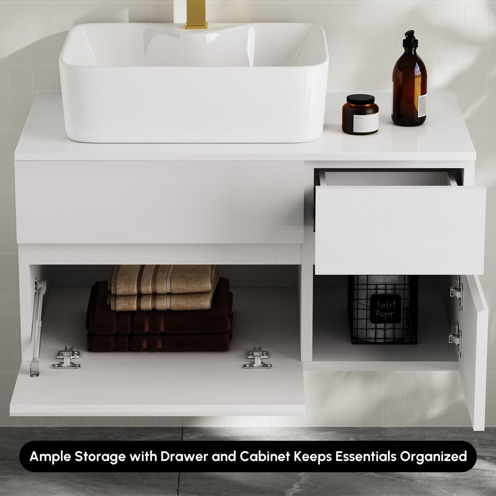 Modern 31.5" Floating Single Bathroom Vanity with Stone Resin Top, Ceramic Basin