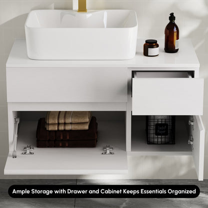 Modern 31.5" Floating Single Bathroom Vanity with Stone Resin Top, Ceramic Basin