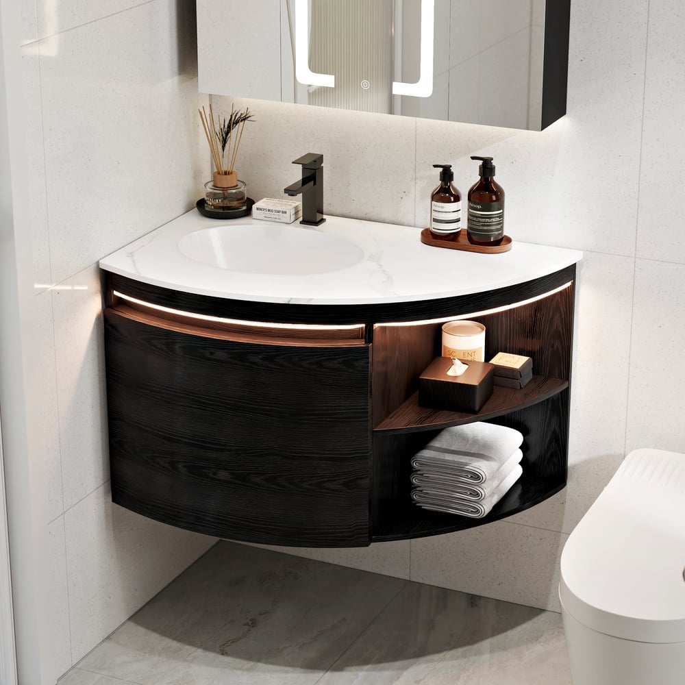 Modern 36" Corner Floating Single Bathroom Vanity with Sink, LED Light, Storage