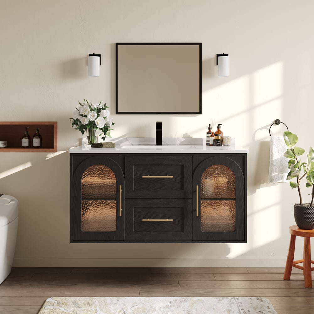 42" Arune Black Bathroom Vanity with Arched Glass Doors, Drawers and Light