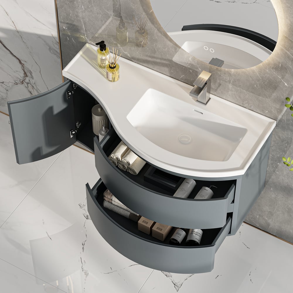 35" Floating Single Curved Bathroom Vanity with Sink & Storage
