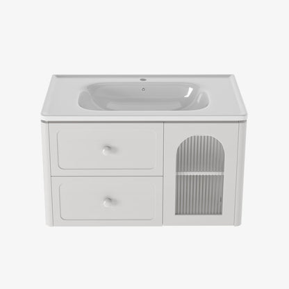 31.5" Modern Floating LED Bathroom Vanity with Ribbed Glass Door & Drawers