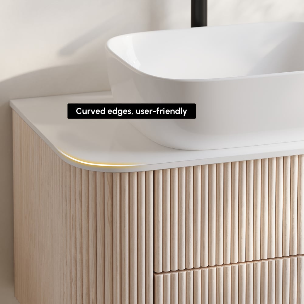 31.5" Whitewash Fluted Bathroom Vanity with Vessel Sink – Wall-Mounted Floating Design