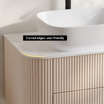 31.5" Whitewash Fluted Bathroom Vanity with Vessel Sink – Wall-Mounted Floating Design