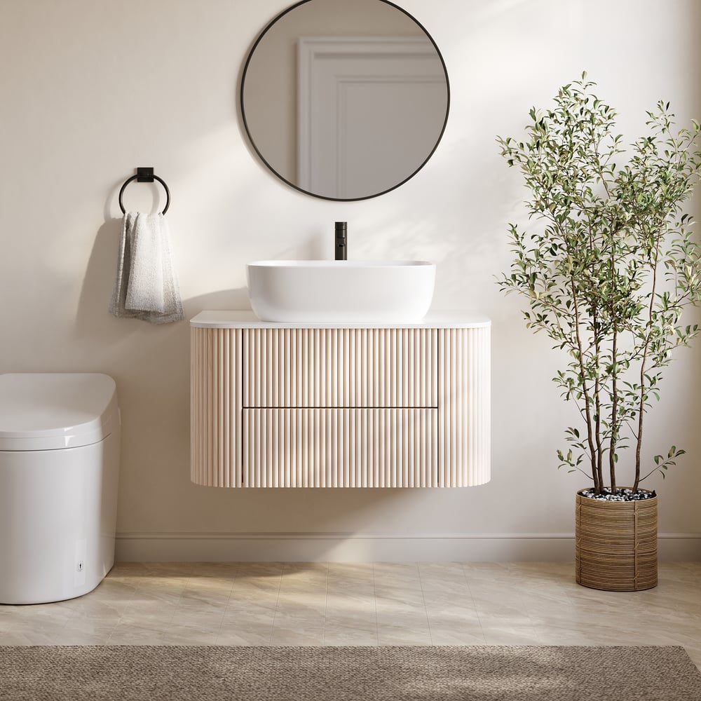31.5" Whitewash Fluted Bathroom Vanity with Vessel Sink – Wall-Mounted Floating Design