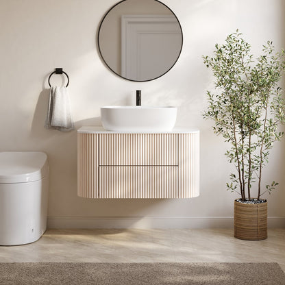 31.5" Whitewash Fluted Bathroom Vanity with Vessel Sink – Wall-Mounted Floating Design