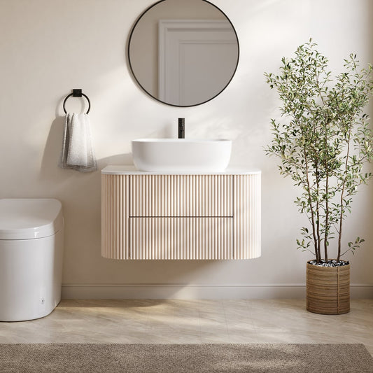 31.5" Whitewash Fluted Bathroom Vanity with Vessel Sink – Wall-Mounted Floating Design