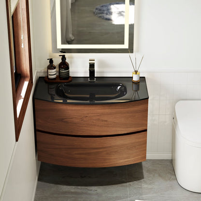 Modern 31.5" Floating Bathroom Vanity with One-piece Glass Basin 2 Drawers in Walnut