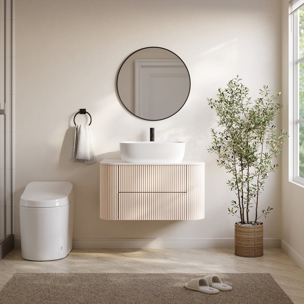 31.5" Whitewash Fluted Bathroom Vanity with Vessel Sink – Wall-Mounted Floating Design