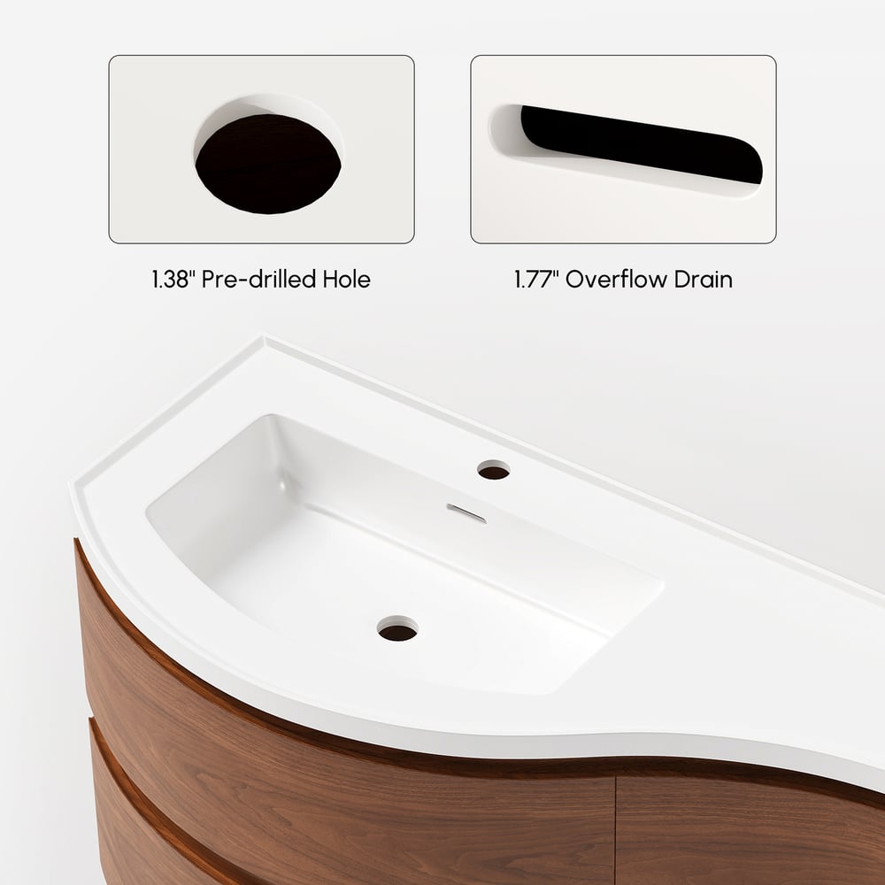Floating Curved Bathroom Vanity in Walnut Left Offset & Round LED Medicine Cabinet Set