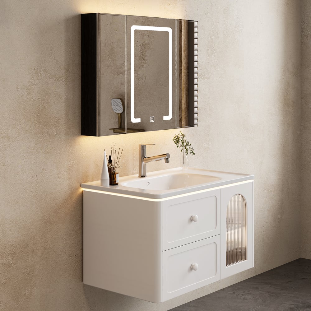 31.5" Modern Floating LED Bathroom Vanity with Ribbed Glass Door & Drawers