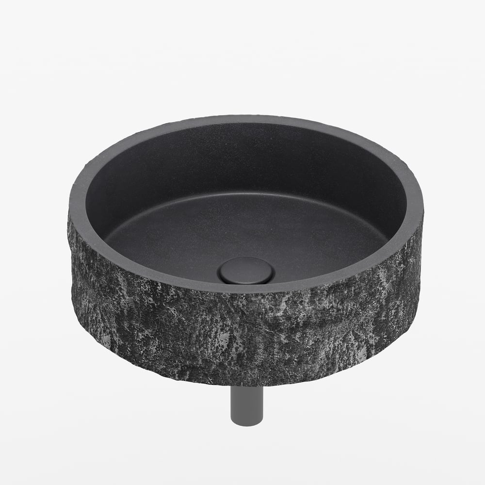 16'' Black Concrete Vessel Sink Modern Stone Textured Round Bathroom Sink