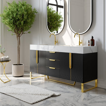 Aro 59" Freestanding Double Bathroom Vanity with Sink, Sintered Stone Top