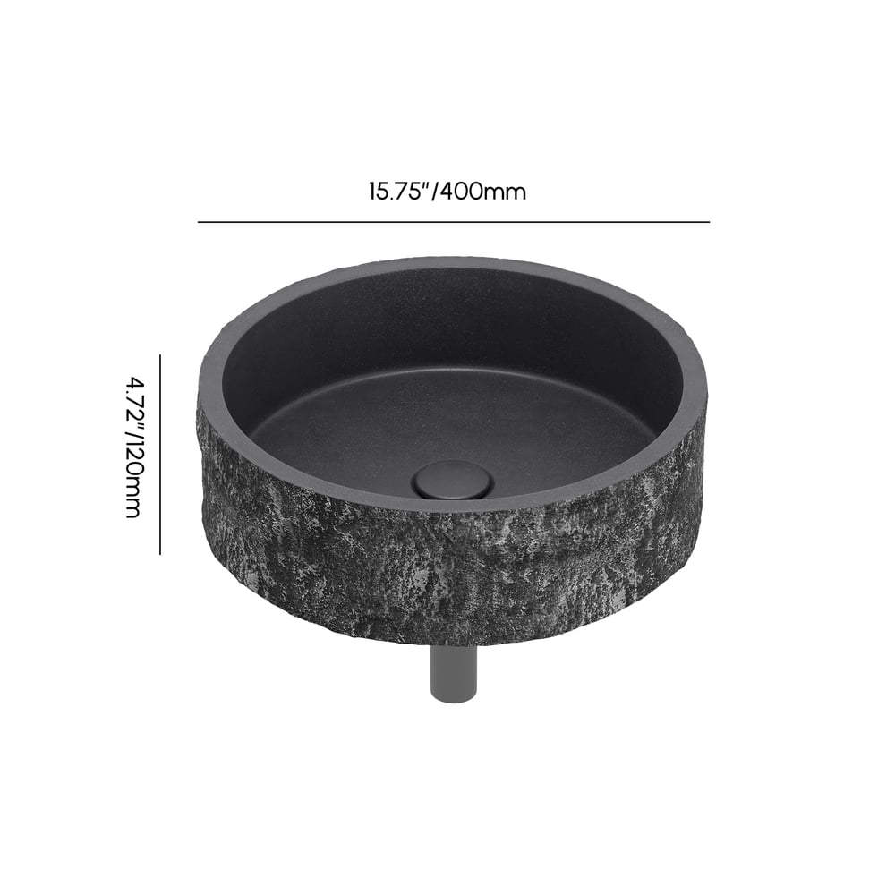 16'' Black Concrete Vessel Sink Modern Stone Textured Round Bathroom Sink