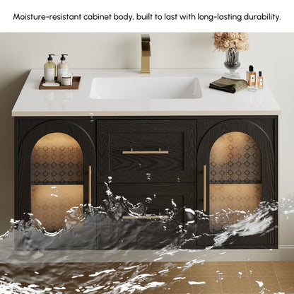 42" Arune Black Bathroom Vanity with Arched Glass Doors, Drawers and Light