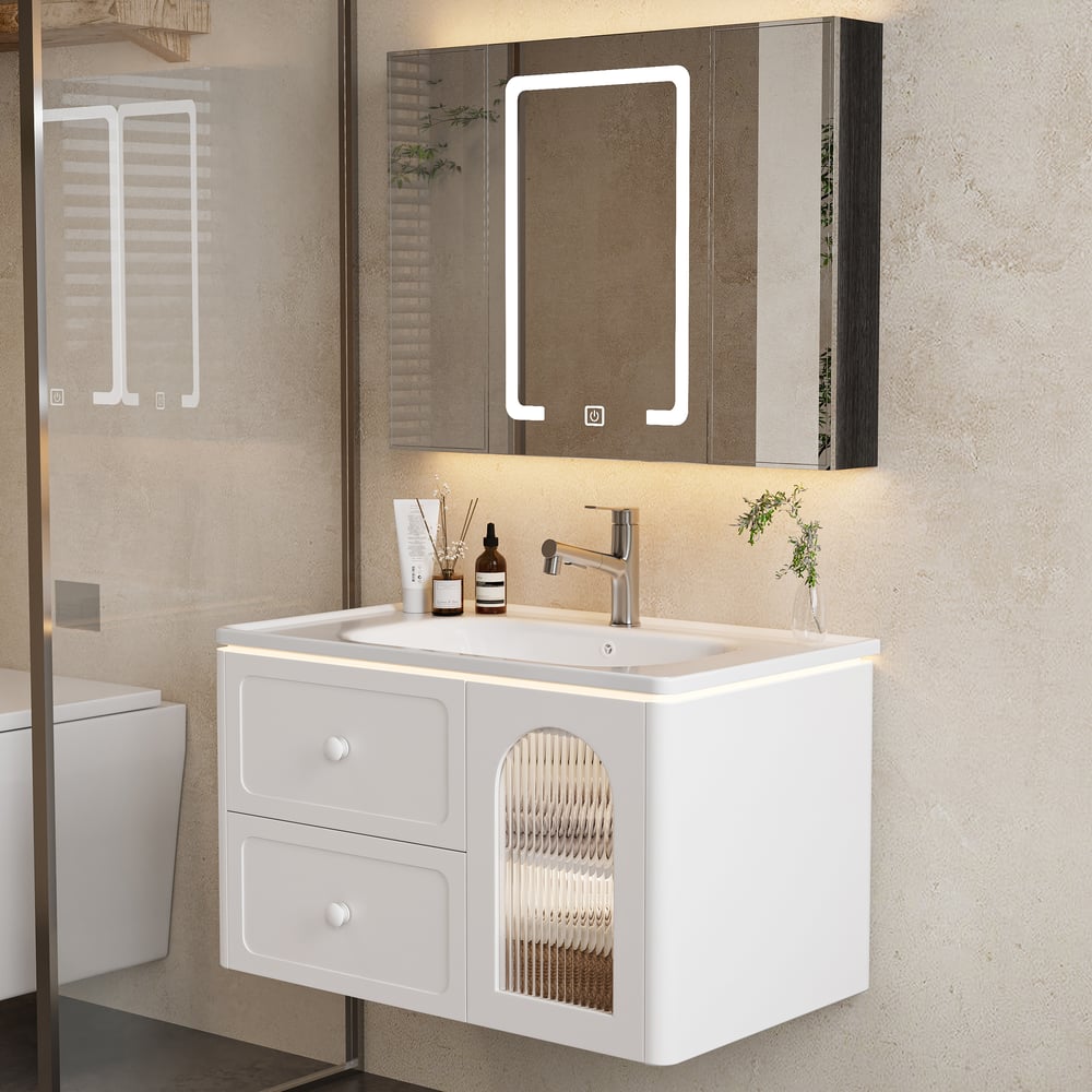 31.5" Modern Floating LED Bathroom Vanity with Ribbed Glass Door & Drawers