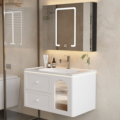 31.5" Modern Floating LED Bathroom Vanity with Ribbed Glass Door & Drawers
