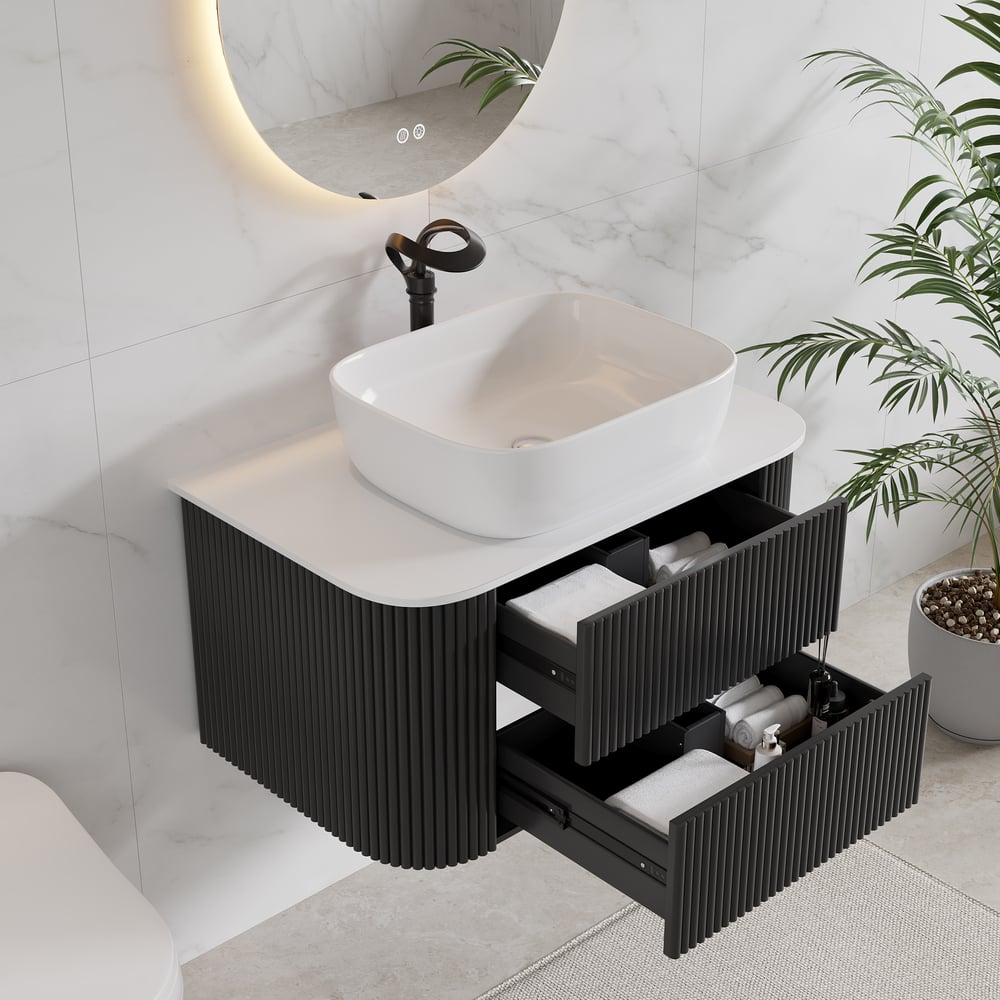 Black Fluted Bathroom Vanity Set 31.5" Floating Bathroom Vanity with Vessel Sink