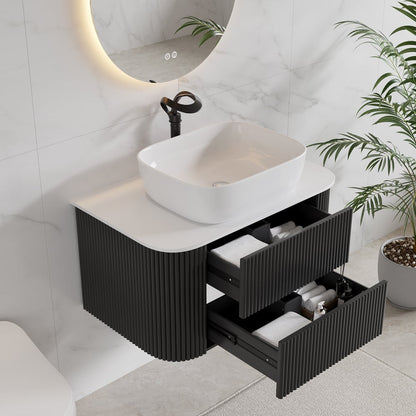 Black Fluted Bathroom Vanity Set 31.5" Floating Bathroom Vanity with Vessel Sink