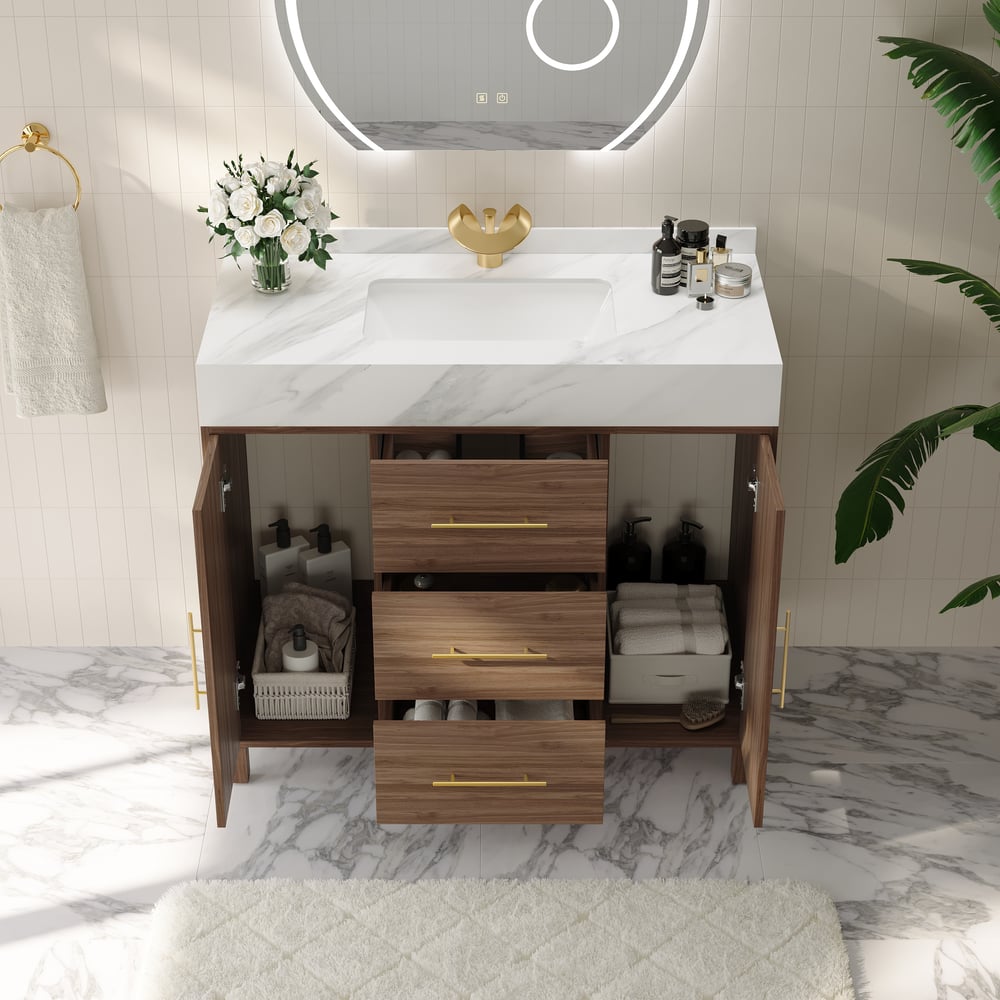 Modern 39" Walnut Sintered Stone Top Bathroom Vanity Set