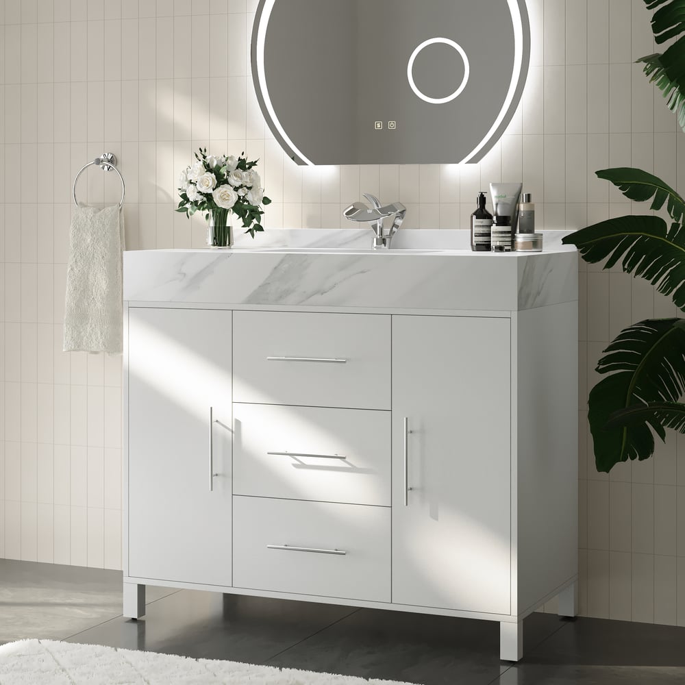 39.4" Freestanding White Bathroom Vanity, Sintered Stone Countertop & Silver Handles