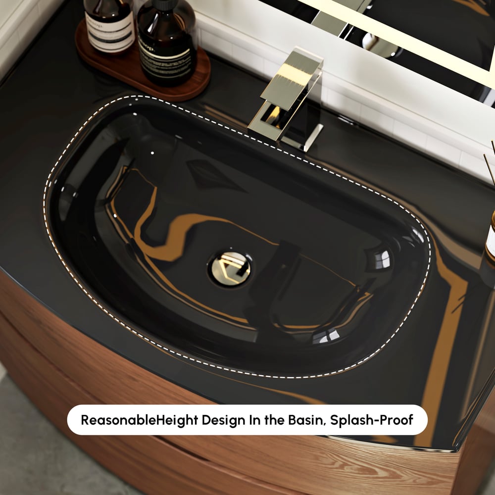 Modern 31.5" Floating Bathroom Vanity with One-piece Glass Basin 2 Drawers in Walnut