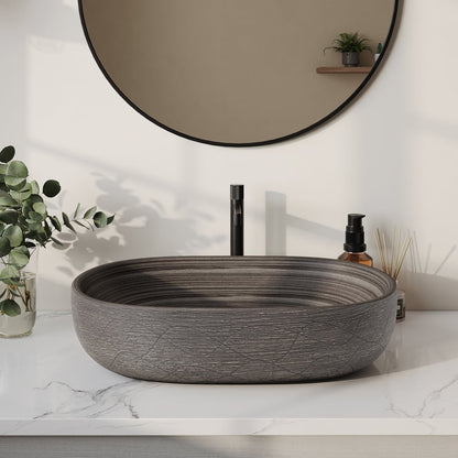 23" Grey Oval Ceramic Bathroom Sink – Matte Glazed Vessel Sink