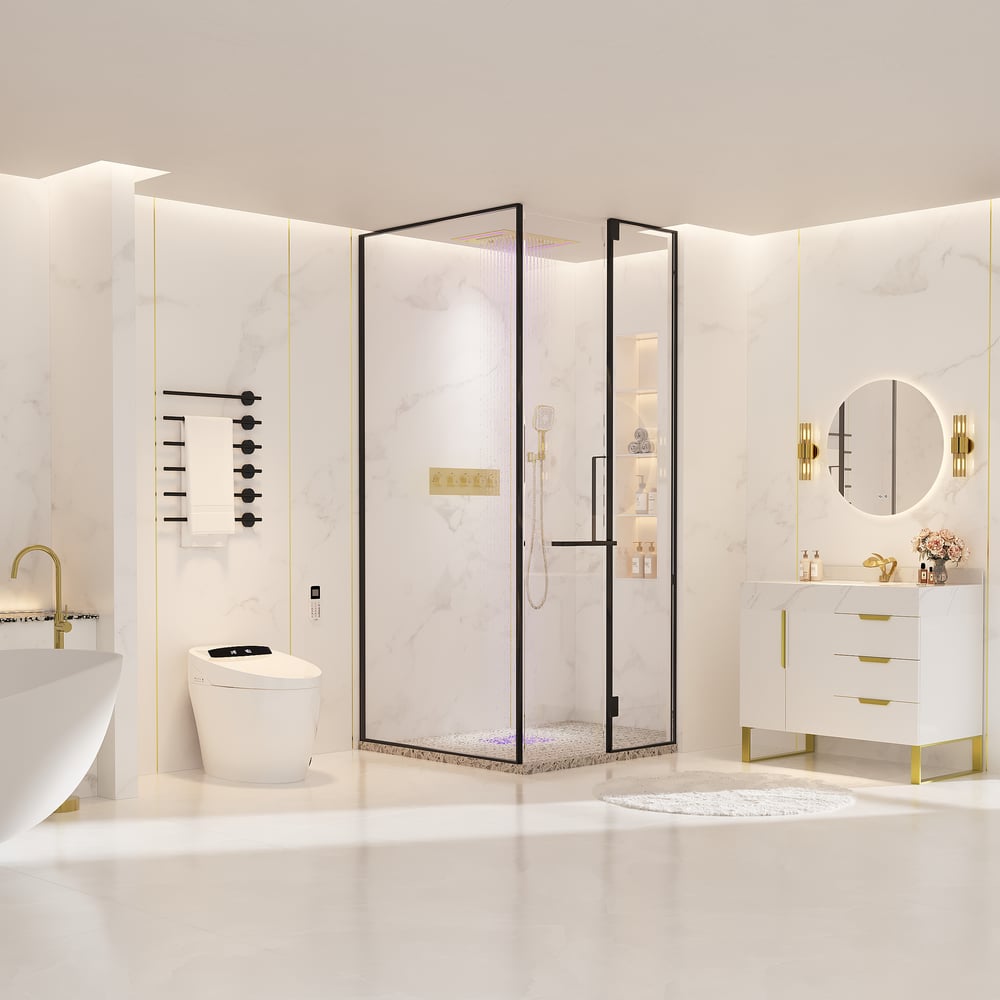 20" LED Rainfall Shower System in Brushed Gold with Multi-Function Ceiling Showerhead