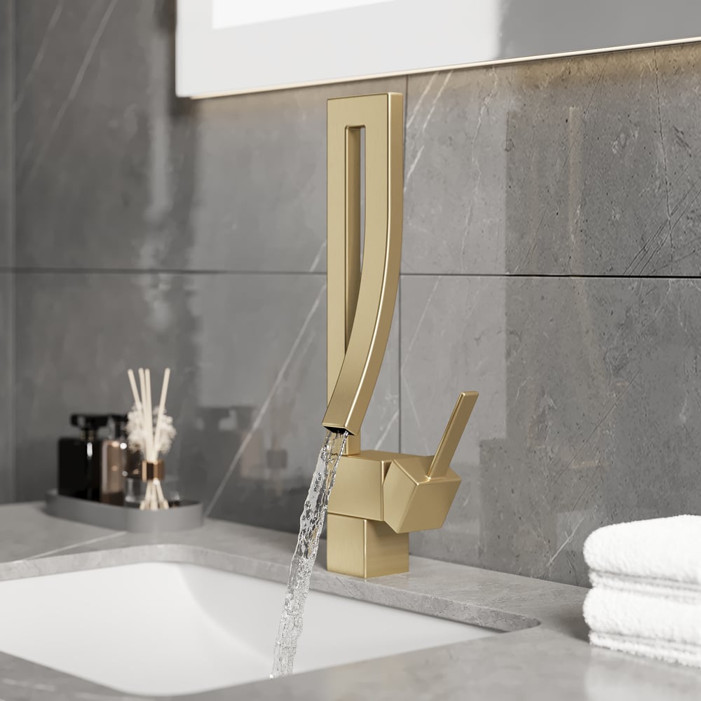 Brushed Gold Waterfall Bathroom Sink Faucet Single Hole Single Handle Brass Modern Style