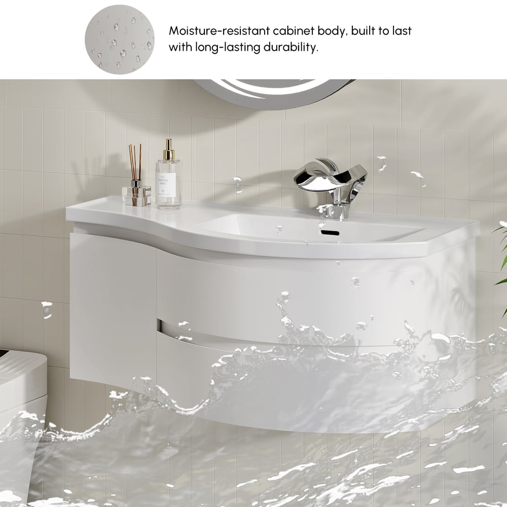 Floating Curved Bathroom Vanity in White & Round LED Medicine Cabinet Set Right Offset