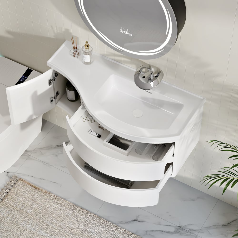 35" Floating Single Curved Bathroom Vanity with Sink & Storage