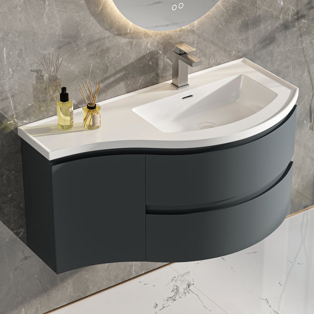 35" Floating Single Curved Bathroom Vanity with Sink & Storage