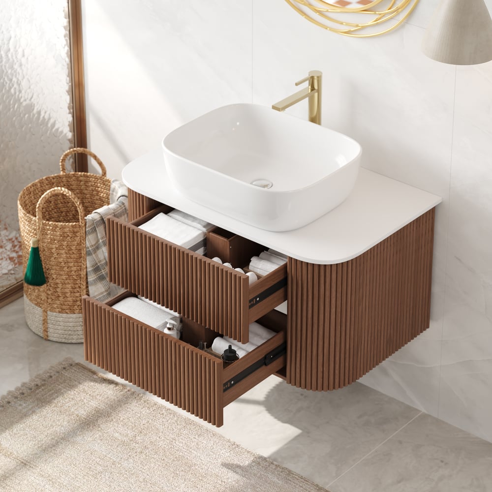 31.5" Fluted Bathroom Vanity Set Walnut Floating Bathroom Vanity with Vessel Sink
