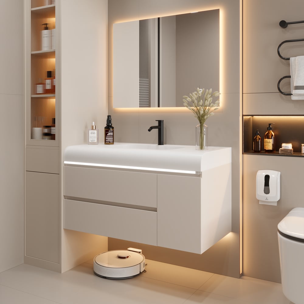 39" Wall Hung Bathroom Vanity White with Ample Storages and Adjustable Light