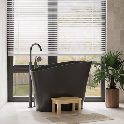 47" Japanese Modern Irregular Freestanding Stone Resin Soaking Bathtub Black
