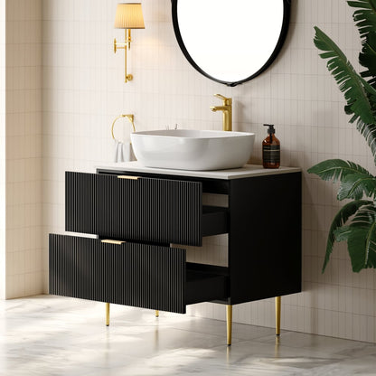 31.5'' Black Single Fluted Bathroom Vanity with Vessel Sink and 2 Drawers