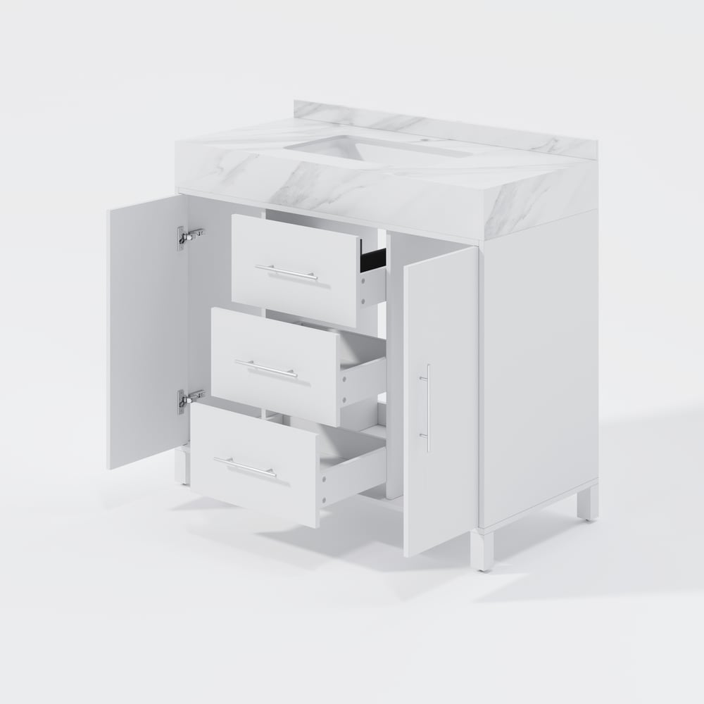 39.4" Freestanding White Bathroom Vanity, Sintered Stone Countertop & Silver Handles