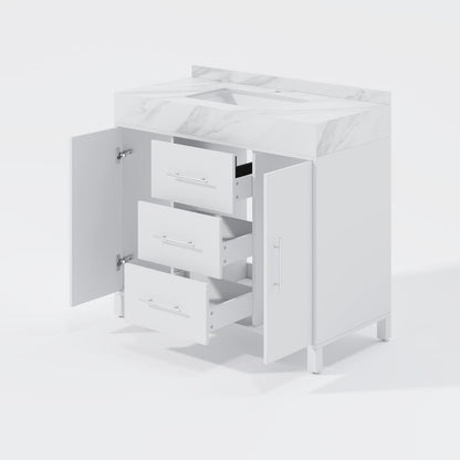 39.4" Freestanding White Bathroom Vanity, Sintered Stone Countertop & Silver Handles