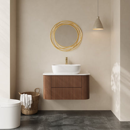 31.5" Fluted Bathroom Vanity Set Walnut Floating Bathroom Vanity with Vessel Sink