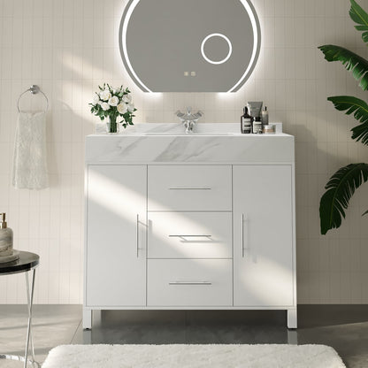 39.4" Freestanding White Bathroom Vanity, Sintered Stone Countertop & Silver Handles