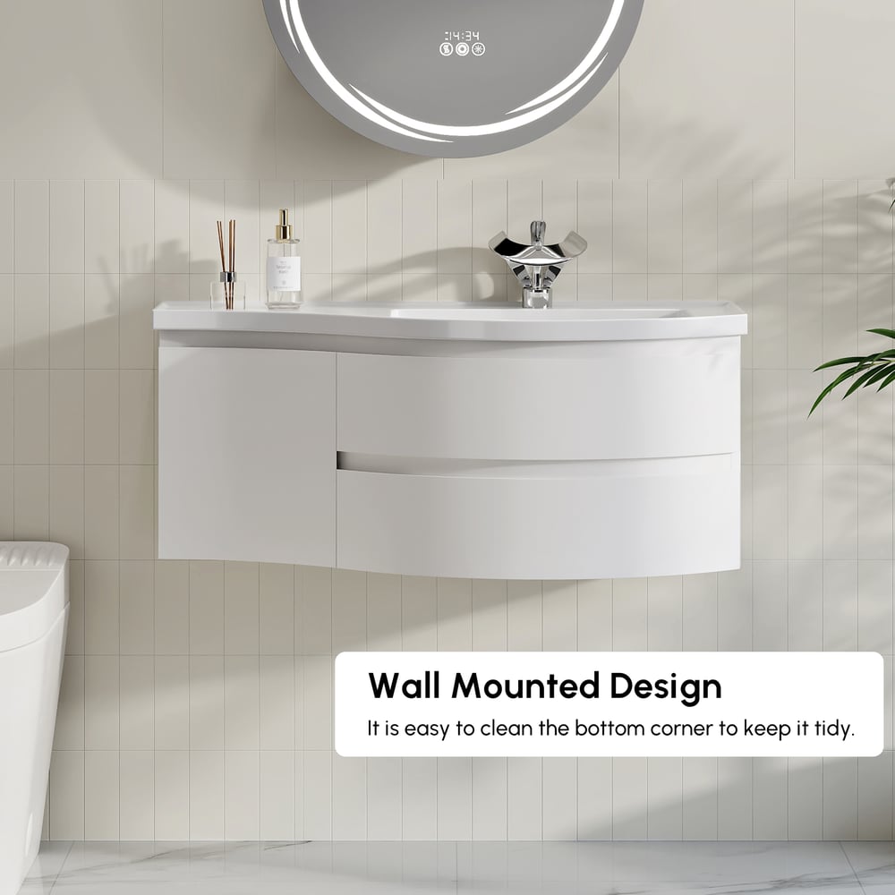 Floating Curved Bathroom Vanity in White & Round LED Medicine Cabinet Set Right Offset