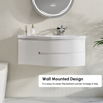 Floating Curved Bathroom Vanity in White & Round LED Medicine Cabinet Set Right Offset