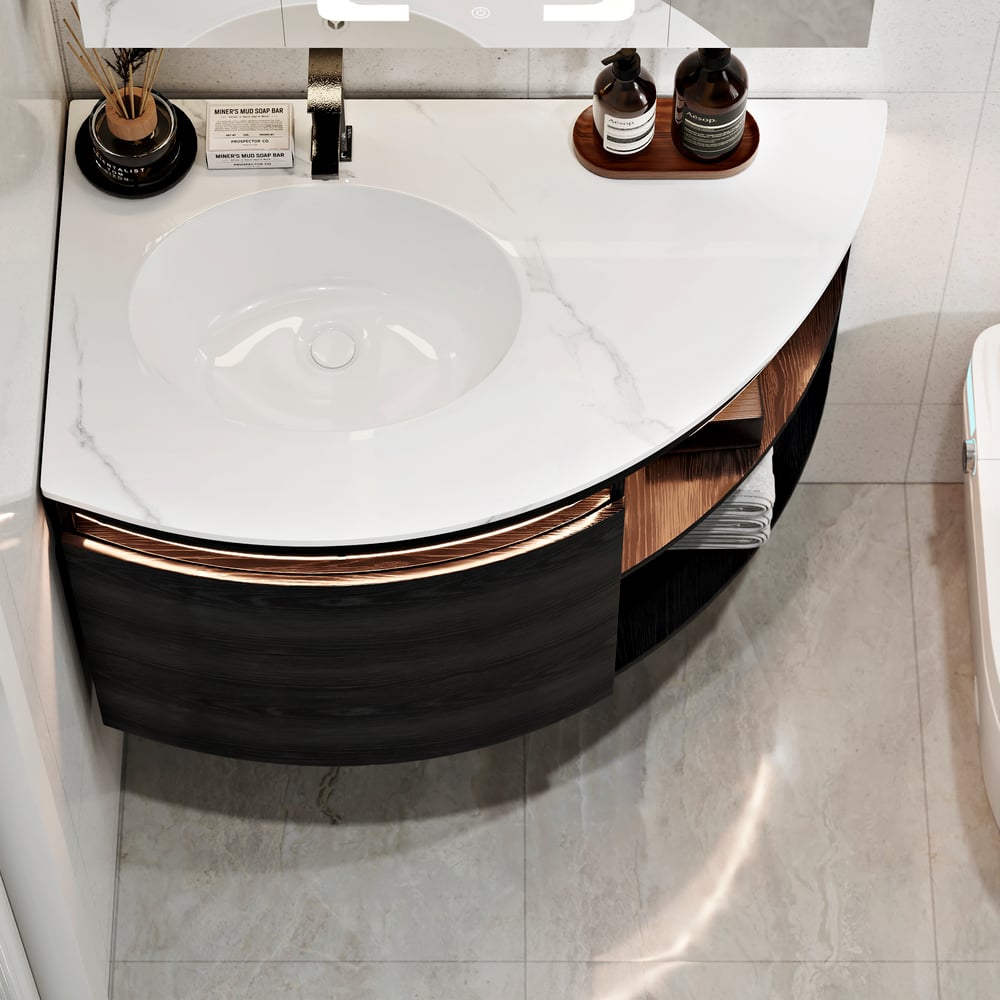 Modern 36" Corner Floating Single Bathroom Vanity with Sink, LED Light, Storage